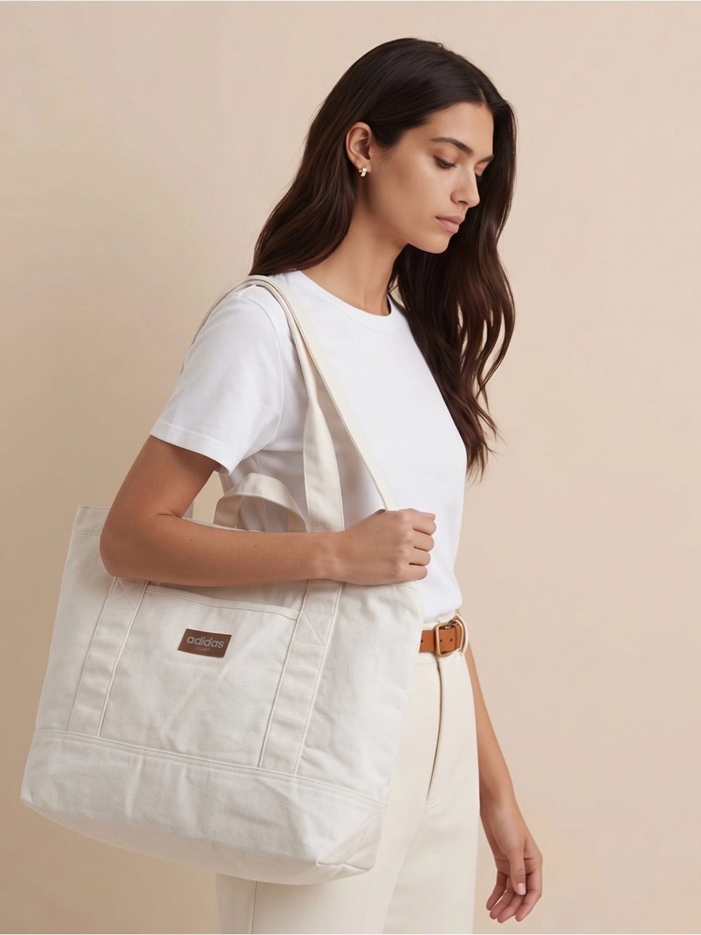 adidas white Canvas Tote with Logo Patch